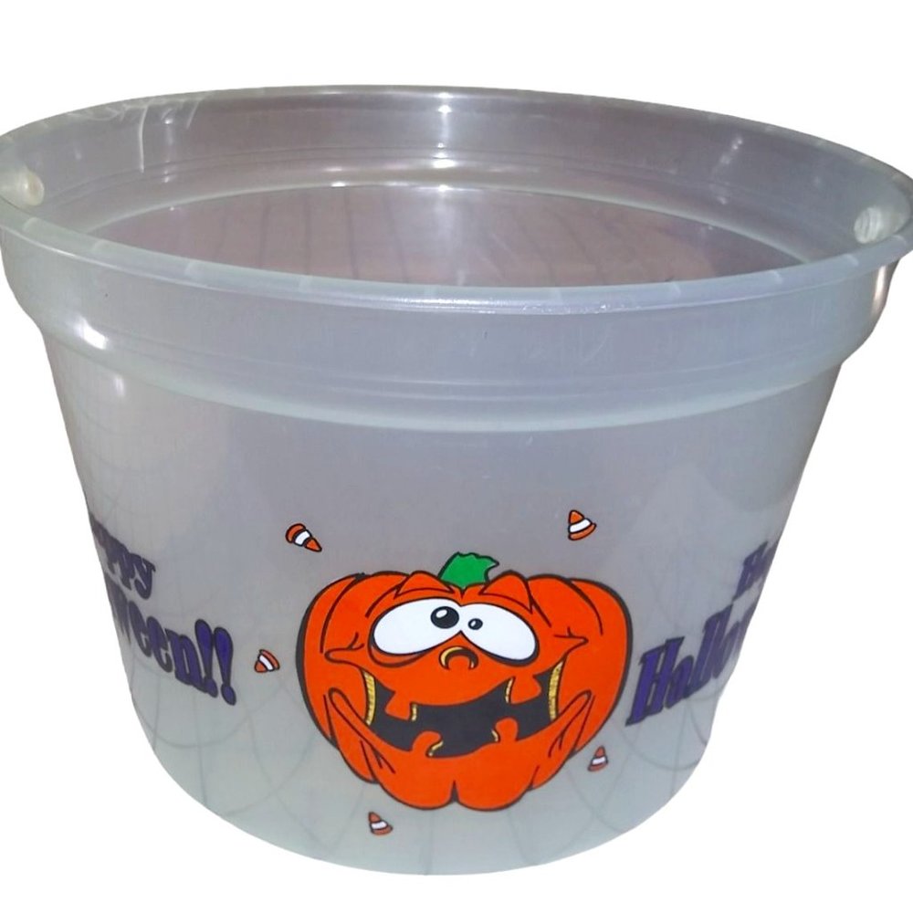 VTG GEMMY Happy Halloween Bucket Clear Iridescent Goofy Pumpkin Face Candy Corn